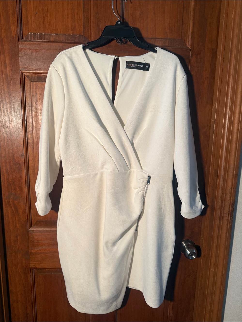 New York & Company Ivory Long Sleeve Faux-Wrap Dress